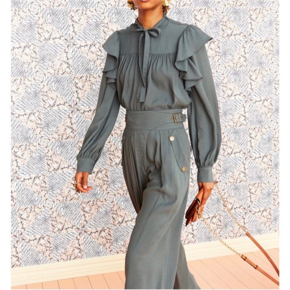 Ulla Johnson Tabitha Ruffle Button Up Blouse Gree… - image 1